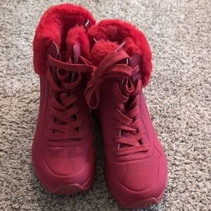 Red Fur-Lined High-Top Sneakers